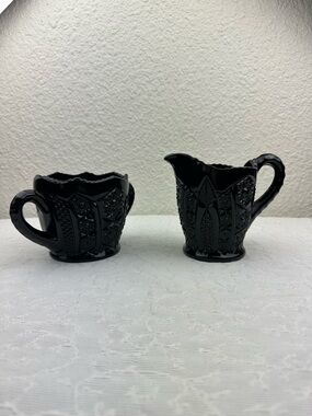 Black Pressed Glass Creamer and Sugar Set Vintage Black Depression Pitcher